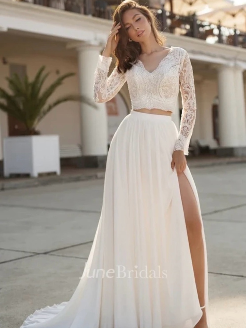 Graceful White Lace Two-Piece Wedding Dress with Long Sleeves